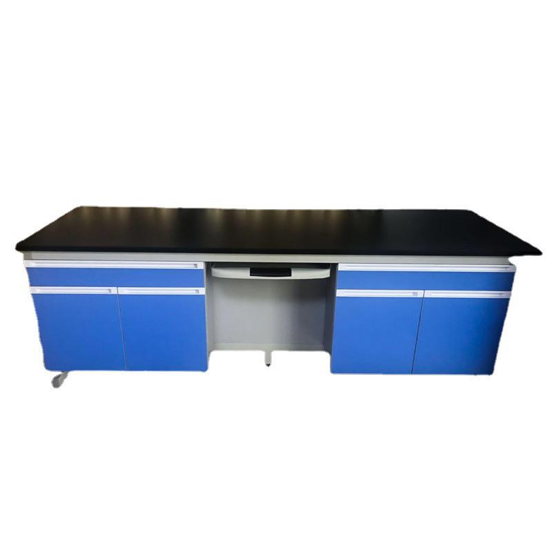 Steel-Wood Laboratory Bench: All-Steel Central & Side Chemical Test Bench with Solid Core Phys-Chem Board Top.