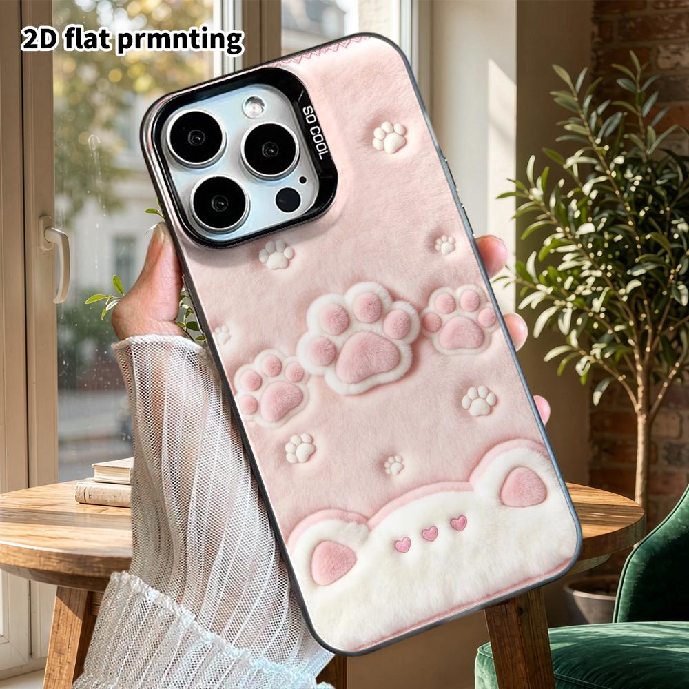 Phone Case: 2D Flat Design Suitable for iPhone 18 17 16 15 14 13 Pro, Colorful Silver Protective Case, Couple Style, Pink Cat Paw, Christmas and Hallo