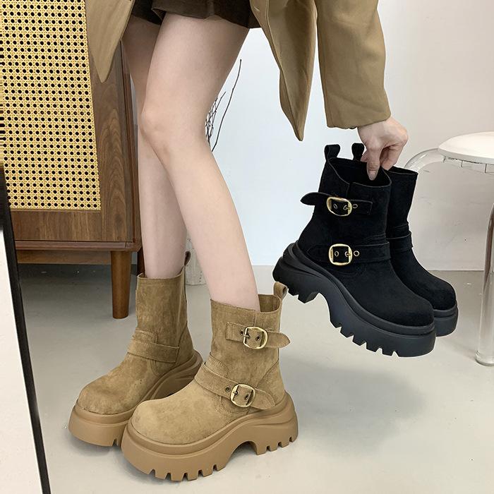 Super Feuer Gürtelschnalle Martin Stiefel Damen 2025 Frühherbst Neu Retro Dicksohlige Maillard Western Cowboy Mittelhohe Stiefel