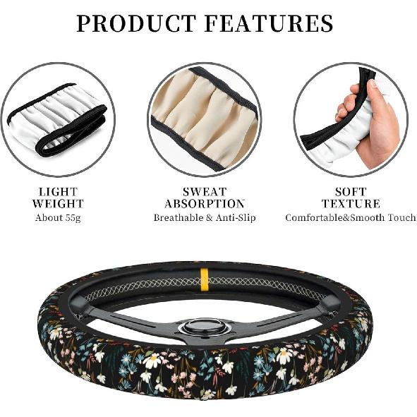 Chic Wildflowers Steering Wheel Cover For Men Women Universal Car Accessories 15 Inch Neoprene Auto Interior Decor