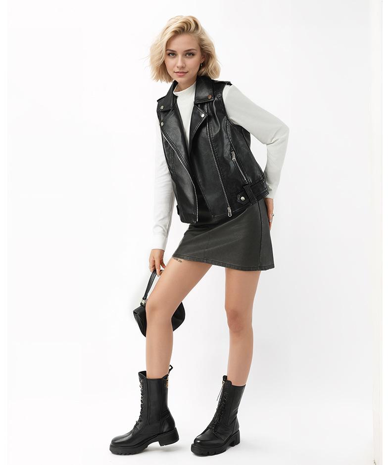 European & American Women's Short Leather Lapel Jacket: Autumn Fashion Vest Coat with Custom Patterns