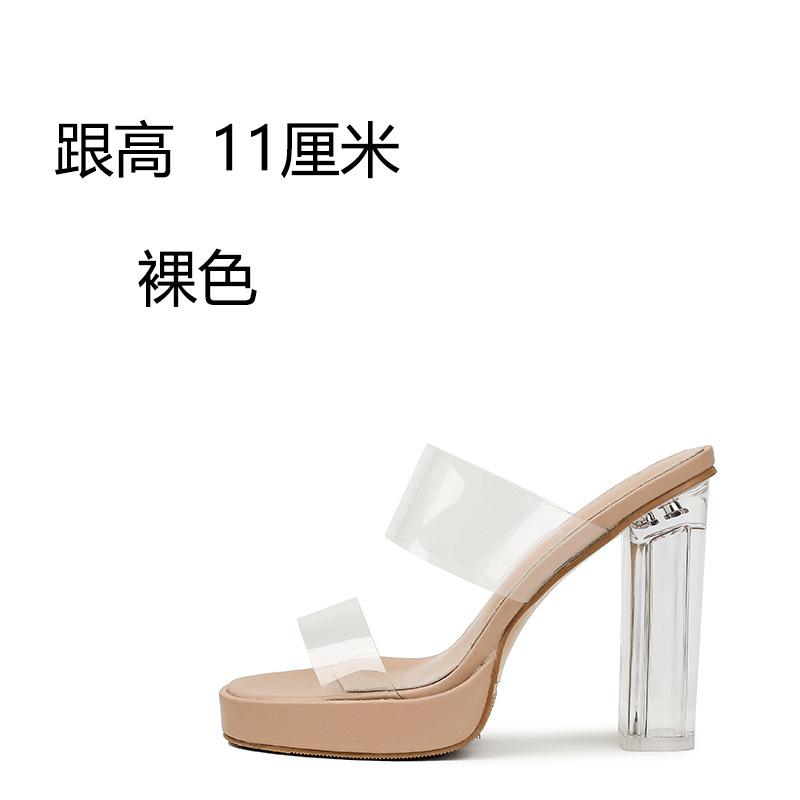 Fashion Transparent High-heeled Slippers Women Summer Waterproof Table Straight Strap Slippers Crystal Heel Thick Heel Sandals for Women