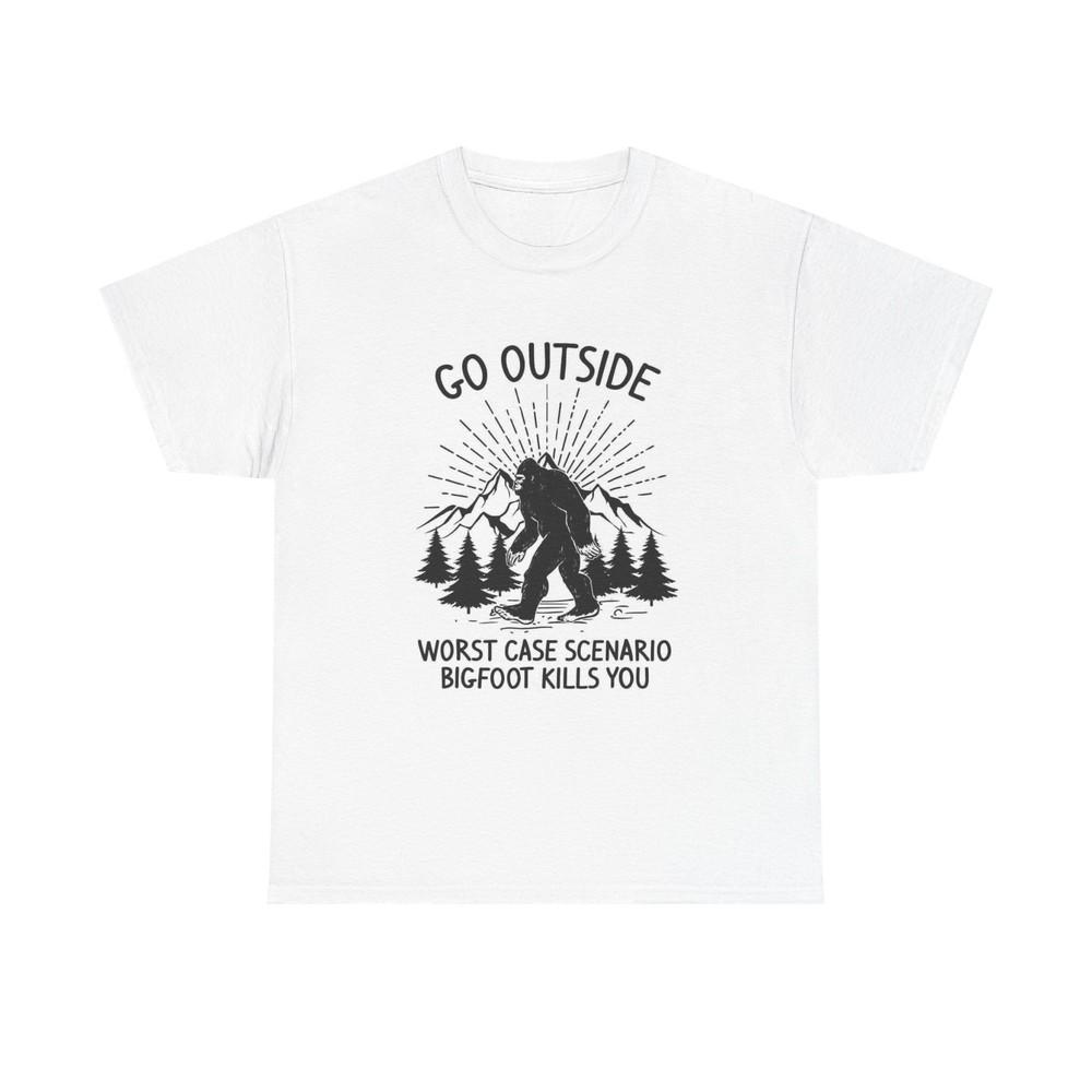 Go Outside Bigfoot Graphic T Shirt Outdoors Funny Unisex Heavy Cotton Tee