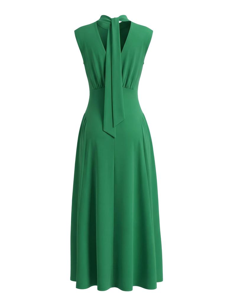 Women's Elegant Waist-Tie Solid Color Slim Dress
