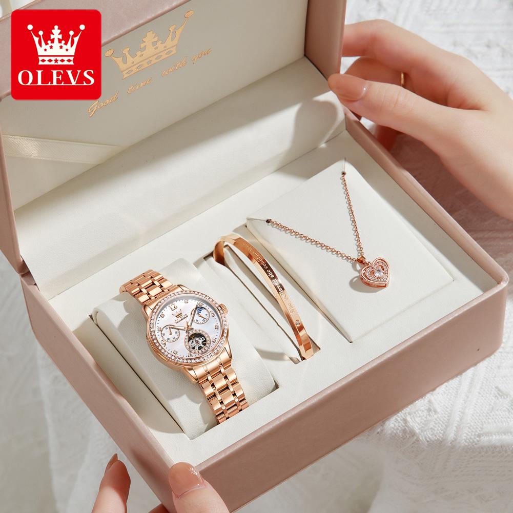 OLEVS Women's Watches Top Brand Luxury Fashion Fine Steel Original Automatic Mechanical Wristwatch Necklace Bracelet Gift Box