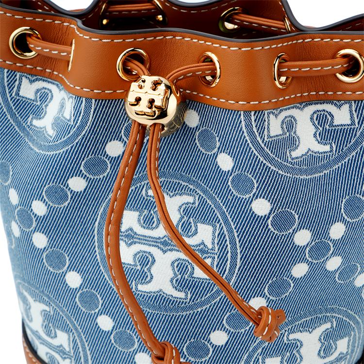 Tory Burch T Monogram Logo Drawstring Closure Washable Denim With Leather Trim Bucket Bag Mini Women Bags Multicolor 159638-960