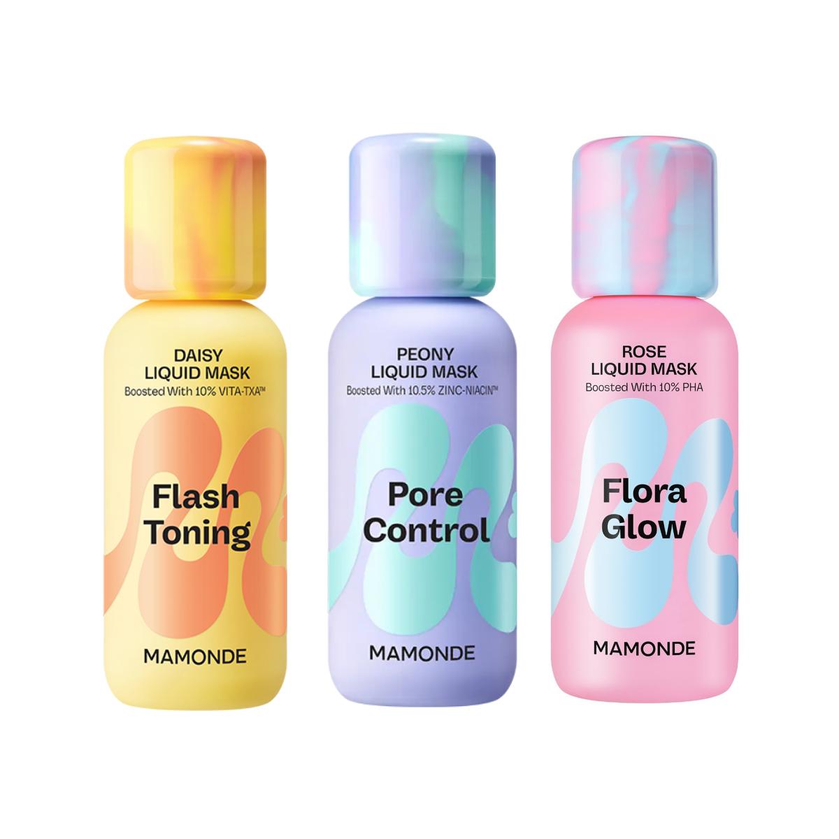 Mamonde Liquid Mask 80ml 3pc Trio Set (Flora Glow Rose + Pore Control Peony + Flash Toning Daisy Skin-Refining Kit)