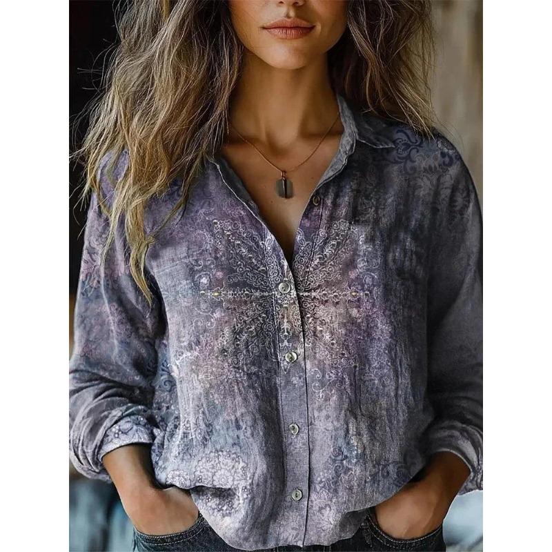 Women's Spring and Summer New Retro Printing Long-sleeved Casual Shirt Imitation Cotton and Linen Shirt