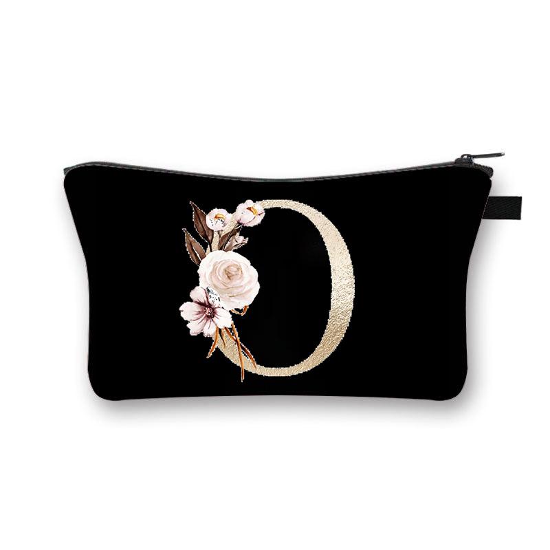 Vintage Golden Flower Alphabet Travel Cosmetic Bag Waterproof Toiletry Organize Pouch for Women