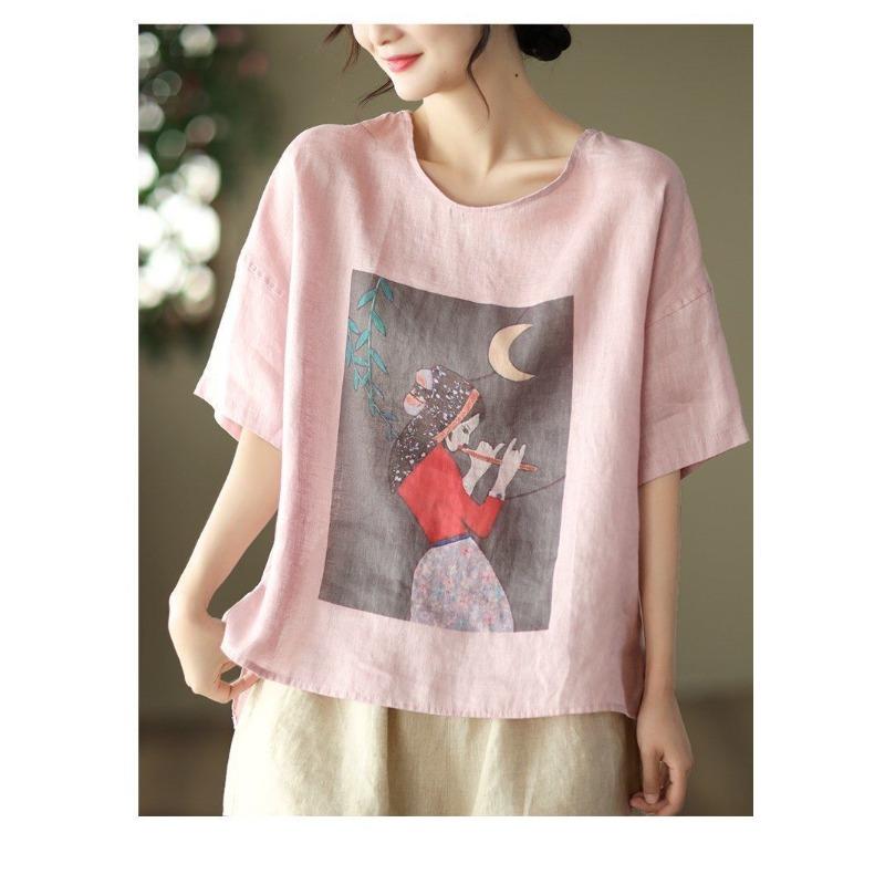 YYFS Women's Fashion Casual Summer Spring Flower Pattern Print 1/2 Sleeves O-Neck Blouses & Shirts