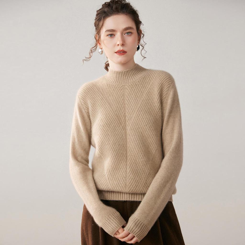 Women's Urban Casual Cashmere Sweater - Half-High Neck, Long Sleeve, Thick, Solid Color, Autumn/Winter Pullover Base Layer.