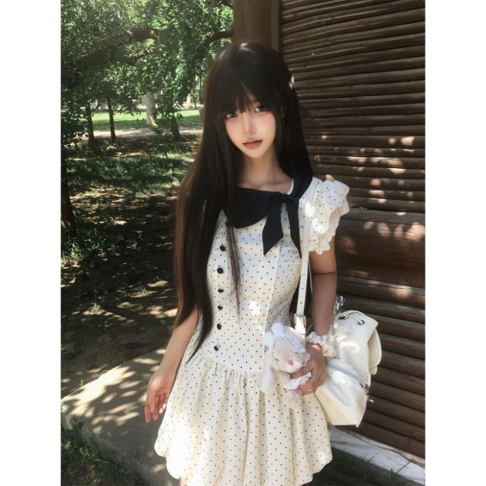 Thousand Gold Wind Bow Polka Dot Dress Women's Summer Retro Small Man Waist and Thin Temperament Fluffy Short Skirt
