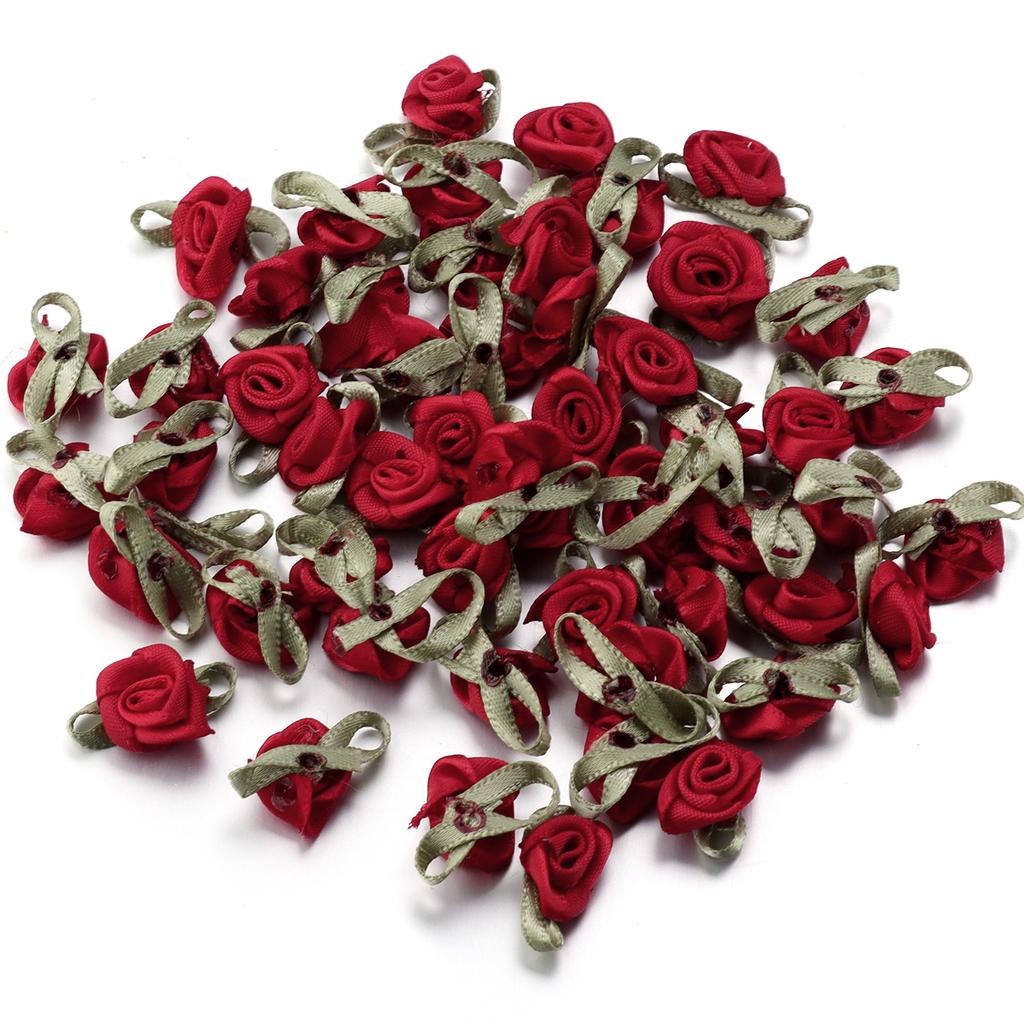 50pcs 1.5x2.5cm Mini Rose Flower Polyester Satin Ribbon Rosettes Fabric Appliques For Wedding Party Clothing Sewing Decoration