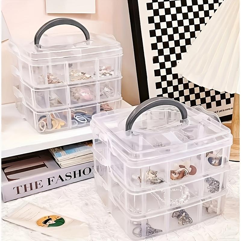 3-Tier Stackable Organizer Box with 18 Compartments - Transparent Plastic Storage for Crafts, Toys, Jewelry & Supplies - Durable, Portable with Handle