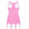 Women Open Cup Patent Leather Mini Dresses with Garter Clips Sleeveless Zipper Hollow Out Dress Wet Look Party Clubwear