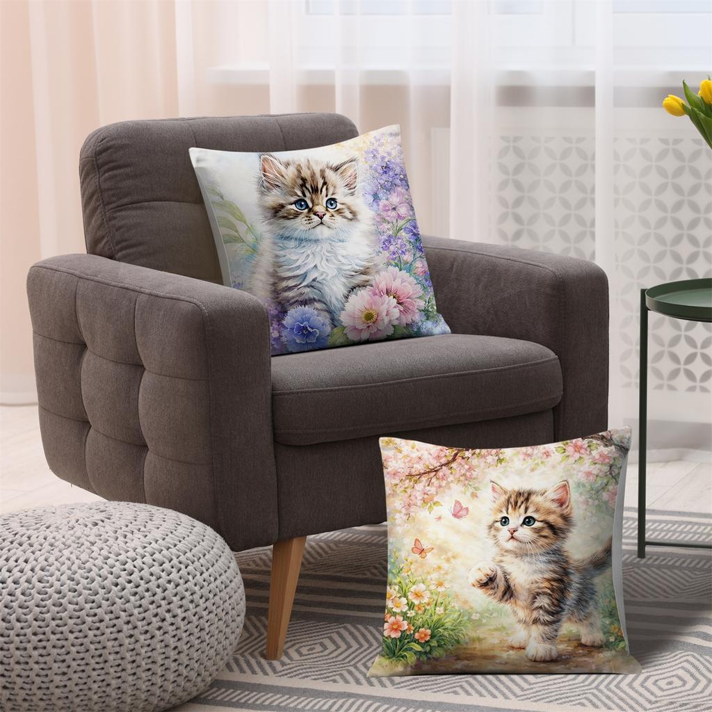 Cute Kitten Pillow Covers Watercolor Garden Double-Sided Printed Throw Pillow Cases Cheerful Pet Lover Home Decor Cushion Covers