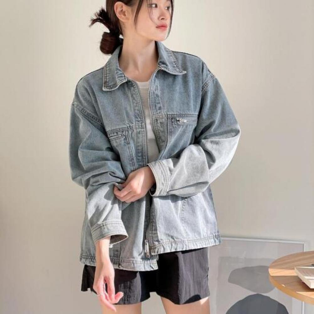 New Arrivals Open Run Women Zip Up Denim Jacket Black Mpa 001