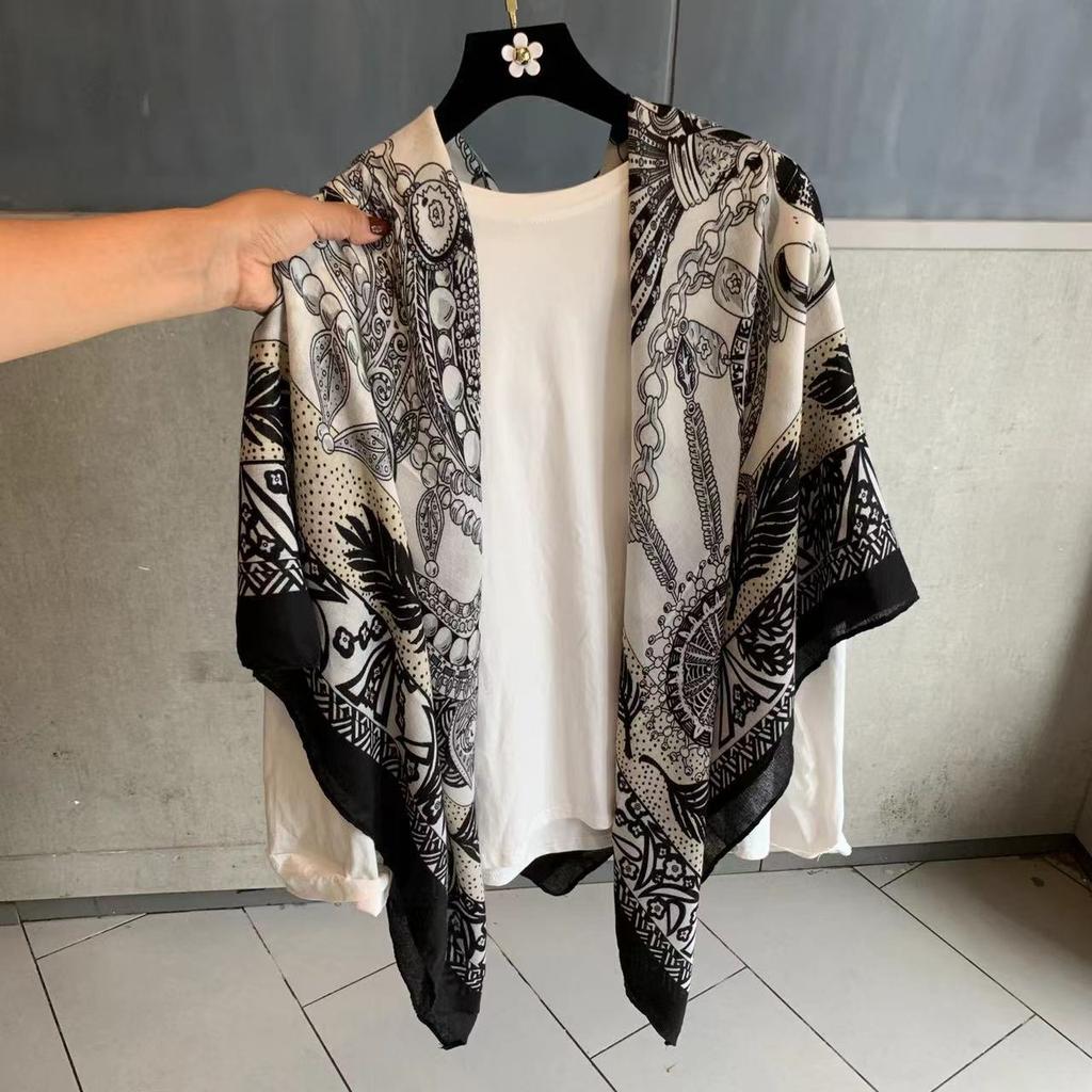 Blue Retro 130 Square Scarf Summer Air-Conditioned Room Shawl Sunscreen Silk Scarf Spring And Autumn Linen Scarf