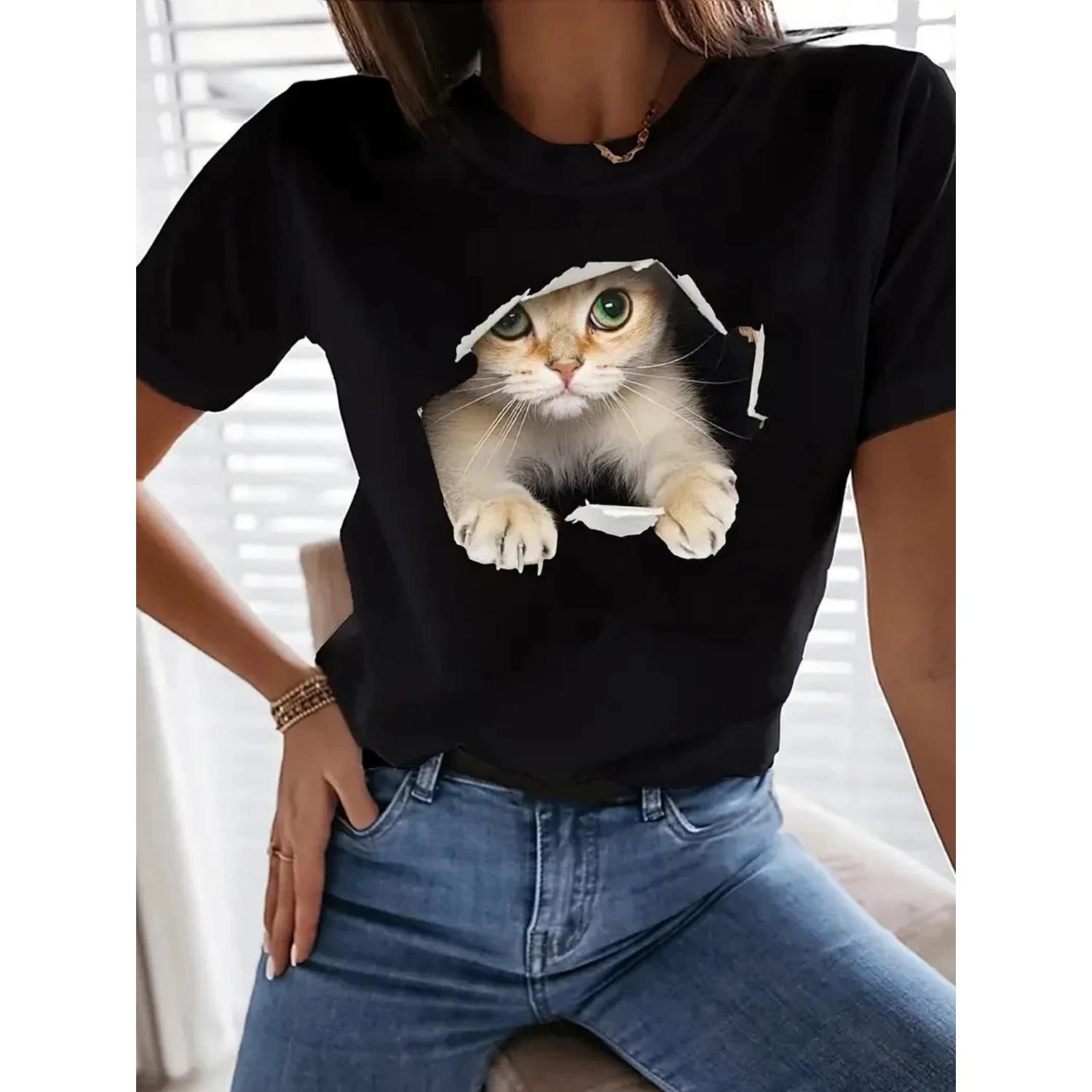 

Cute Cat Print Crew Neck T-Shirt Casual Short Sleeve T-Shirt For Spring & Summer Women s Clothing 70564 S чёрный