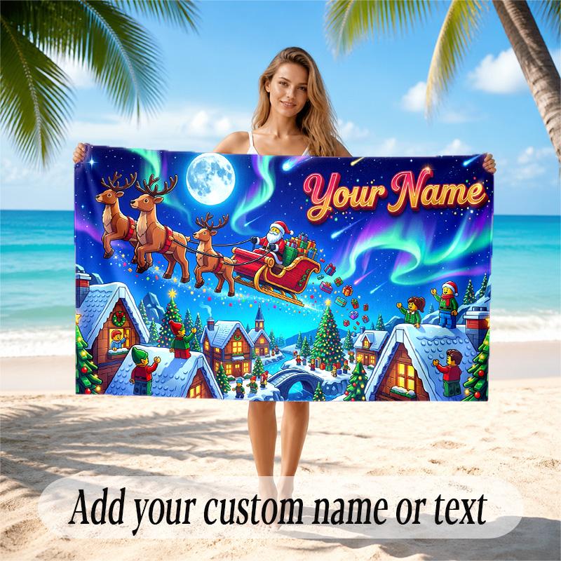Christmas Theme Quick Dry Beach Towel Custom Name Text Print Large Sand Resistant Towel Beach Vacation