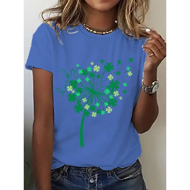 Damen Lucky Clover Pusteblumen Print T-Shirt Lässiges Kurzarm Rundhals Oberteil Sommer