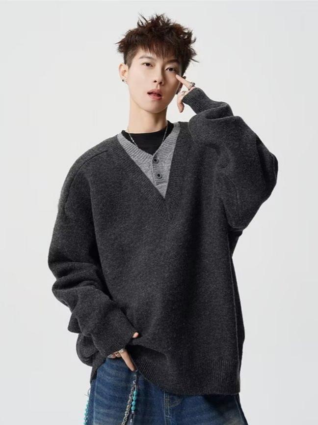 Hochwertiger Herren-Strickpullover mit V-Ausschnitt, Lässiger lockerer Schnitt, Für Paare geeignet für Herbst/Winter