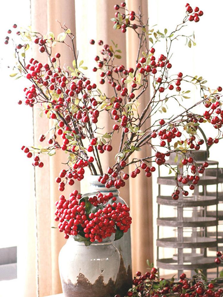 Artificial Berries Stem Foam Berry Pick Branch Ornament Plastic Leaves Holiday Xmas Home Decor 27.56in Red