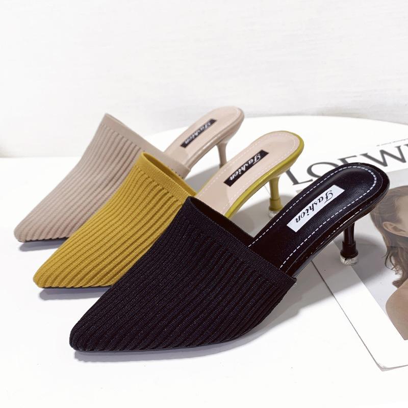 20 New slippers women's fashion woven retro half slippers pointed head bag head high heel stiletto