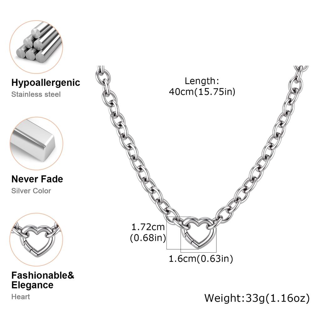 Chunky Heart-Shaped Clasp Necklace for Women Stainless Steel Round Rolo Chain Necklaces High-Quality Jewelry Gift