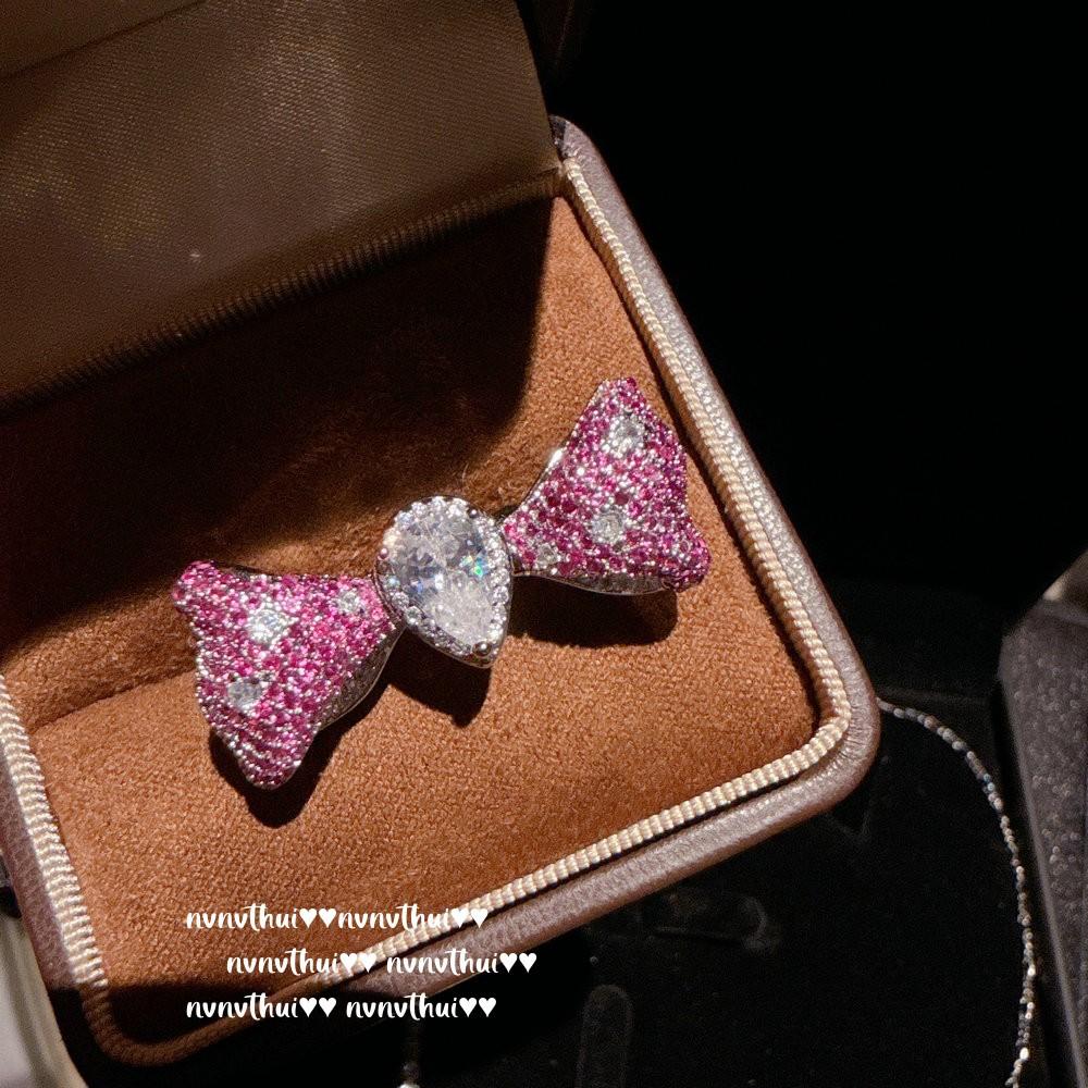 Italian Retro, Rouge Pink Bow, Gemstone Bracelet, Golden Butterfly, Colored Treasure Zircon Necklace, Set.