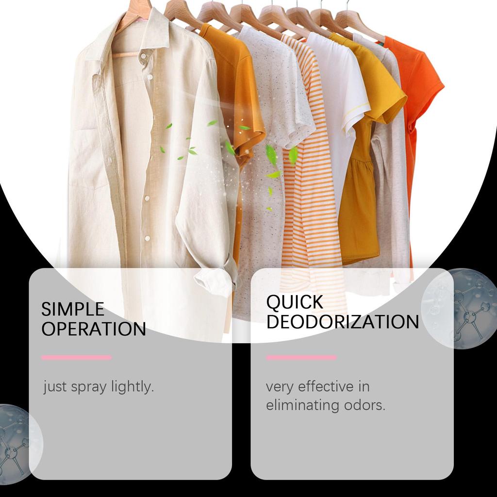 Clothing freshening spray with luxurious long-lasting fragrance removes static electricity and is convenient for on-the-go use