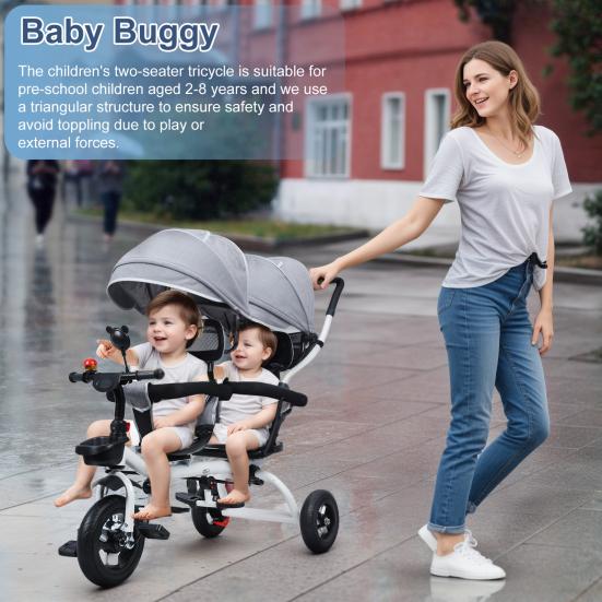 Tandem-Dreirad mit Doppelsitz und Verdeck, kippsicher, stoßfestes Gummirad, doppelter Kinderwagen, Kinderdreirad mit Klingel und Spiegel