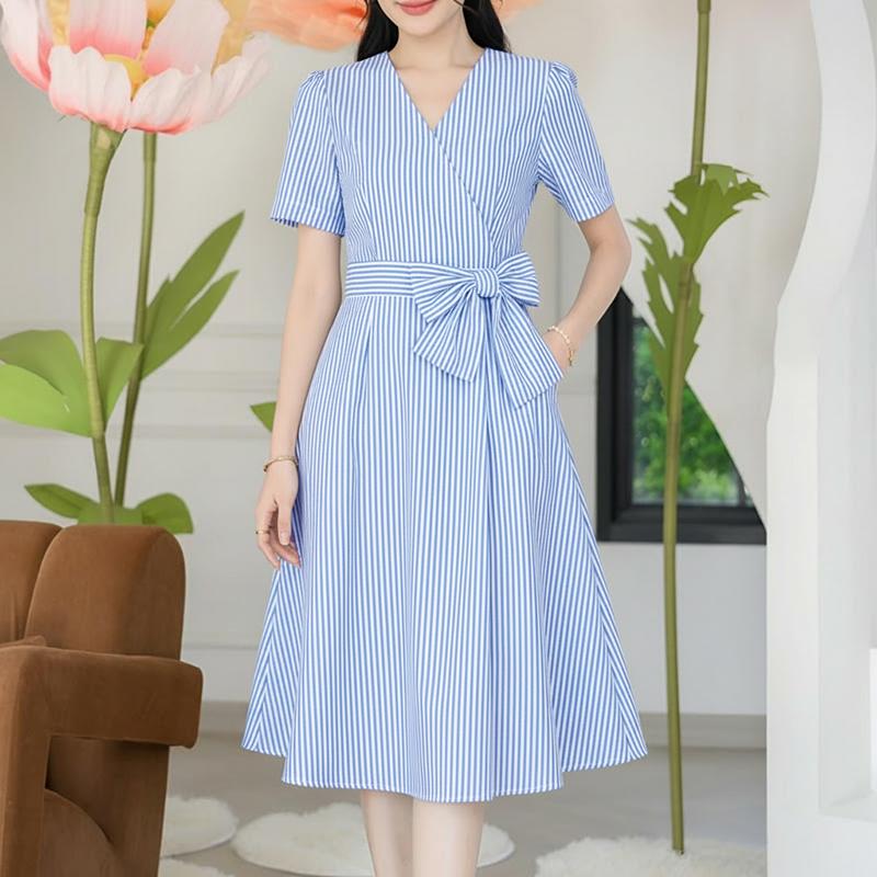 ZANZEA Women Casual V-Neck Short Sleeve Bows Splice Stripe Print A-line Dress