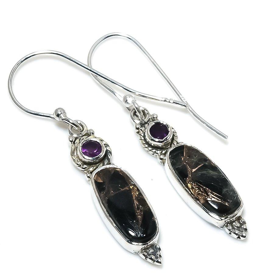 Natural Copper Turquoise,Amethyst 925 Solid Sterling Silver Earring 1.50" E9b68