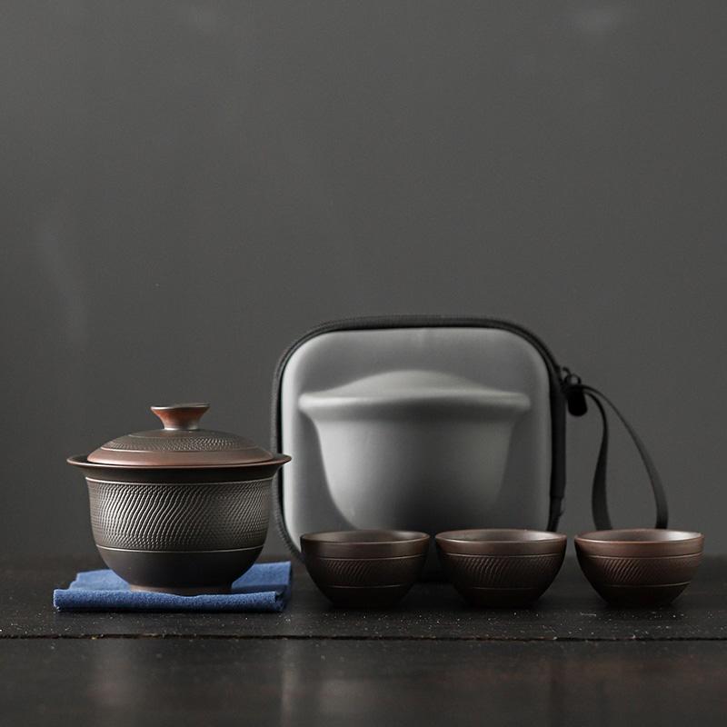 Винтажный фиолетовый керамический чайный сервиз, походный чайный сервиз, переносной чайный сервиз для кунг-фу, гайвань, супница, чайная церемония в Цзяньшуй Five-piece Set