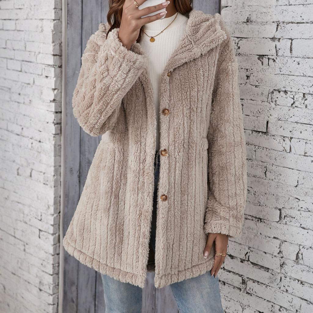 Women's Fashion Casual Warm Thick Plush Striped Embossed Button Hooded Cardigan Jacket