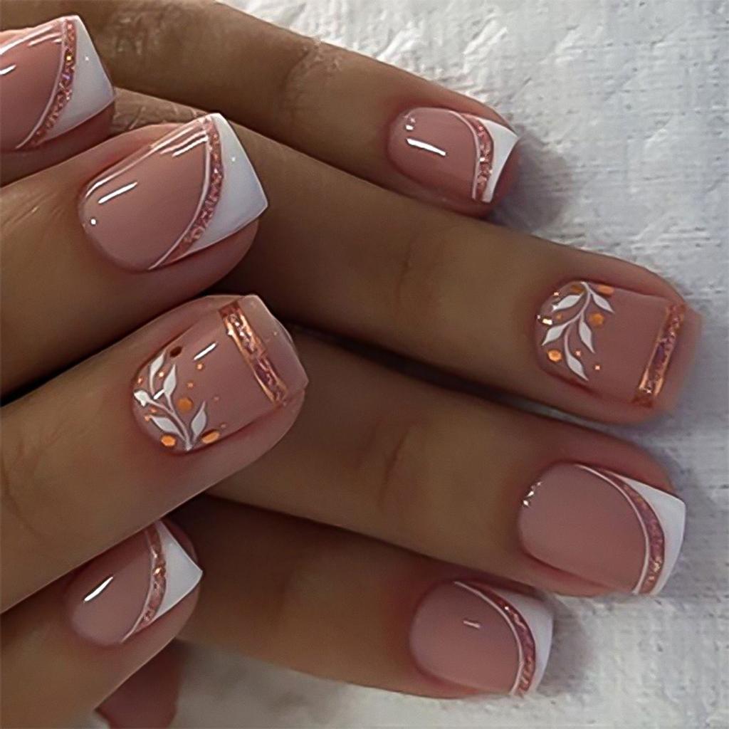 24 Pcs Glittering Press On Nail French Tips False Nail Leaf Full Cover Stick On Nail Short Square Acrylic Nail