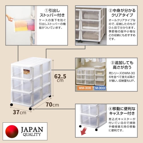 Tenma (Tenma) Large Storage Case for Clothing, Made in Japan, Closet Storage Case with Casters, Clear Case with See-Through Drawers, Assembly Required