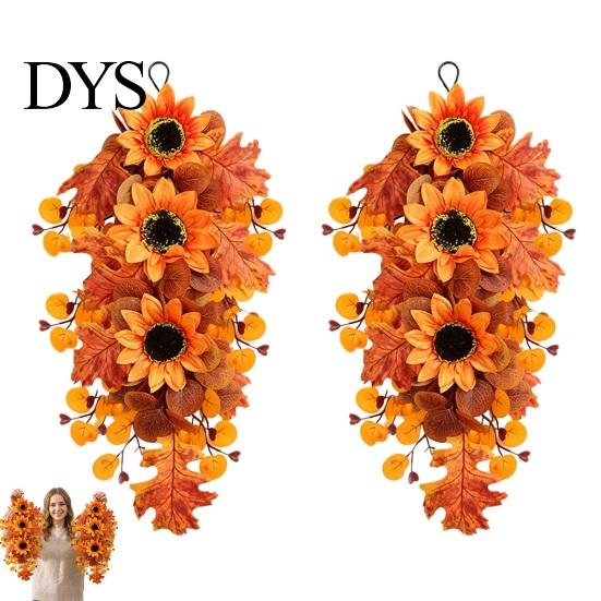 Decorative Sunflower Berries Garland Fall Maple Leaf And Teardrop Swag for Farmhouse Front Door Decor, 50x37cm Realistic Foliage Wreath Artificial