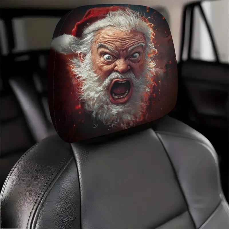 Festive Vehicle Headrest Accent Covers, Santa Christmas Slip-On Polyester Set for Winter Driving and Car Styling