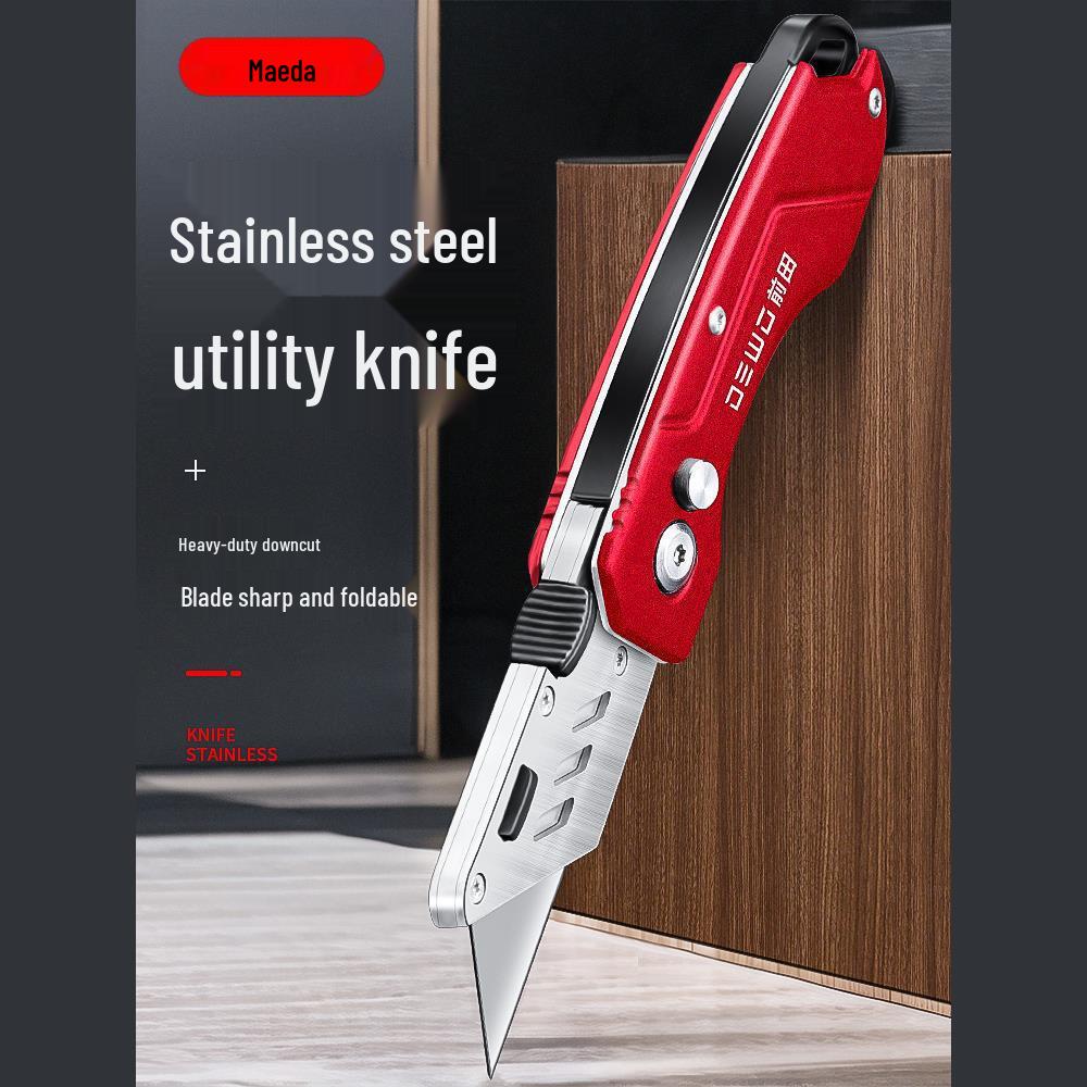 DEWO Heavy-Duty Stainless Steel Electrician's Folding Utility Knife with Cable and Wire Stripper, Thickened Hook.