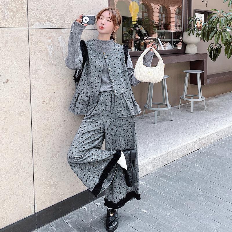Damesett i koreansk stil med grå polkadotter, tredelt vestdrakt - Elegant høst/vinter moden stil