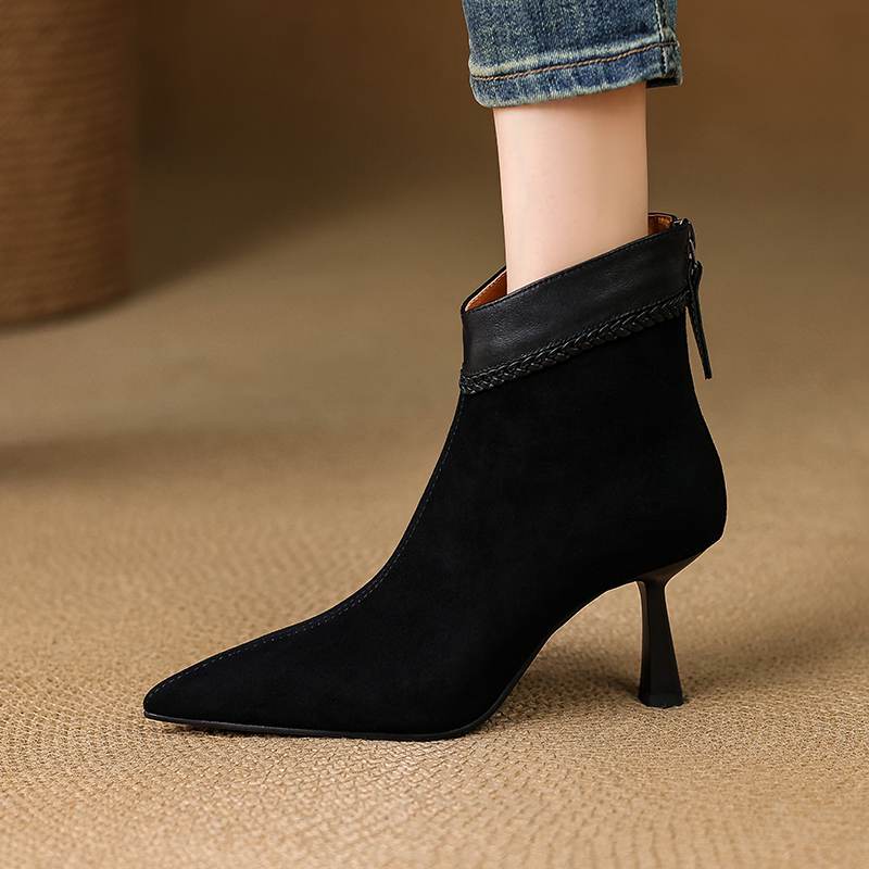 Krazing Pot Sheep Suede Autumn Winter Shoes Stiletto Thin High Heels Big Size 40 Modern Boots Pointed Toe Keep Warm Zip Ankle Boots