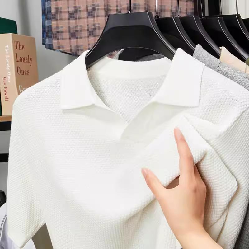 Men Short Sleeve Knit Polo Shirt Honeycomb Texture Casual V-Neck Top