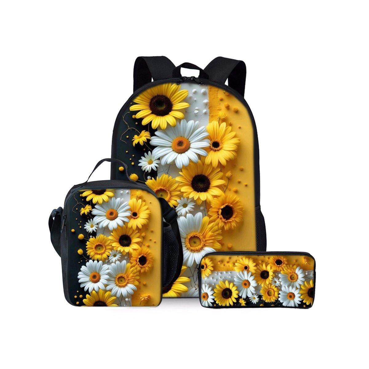 Ensemble de sacs à dos trois pièces imprimé coccinelle fleur champignon pour garçons et filles Meilleur cadeau Sac à dos scolaire plat dessin animé 2D pour enfants