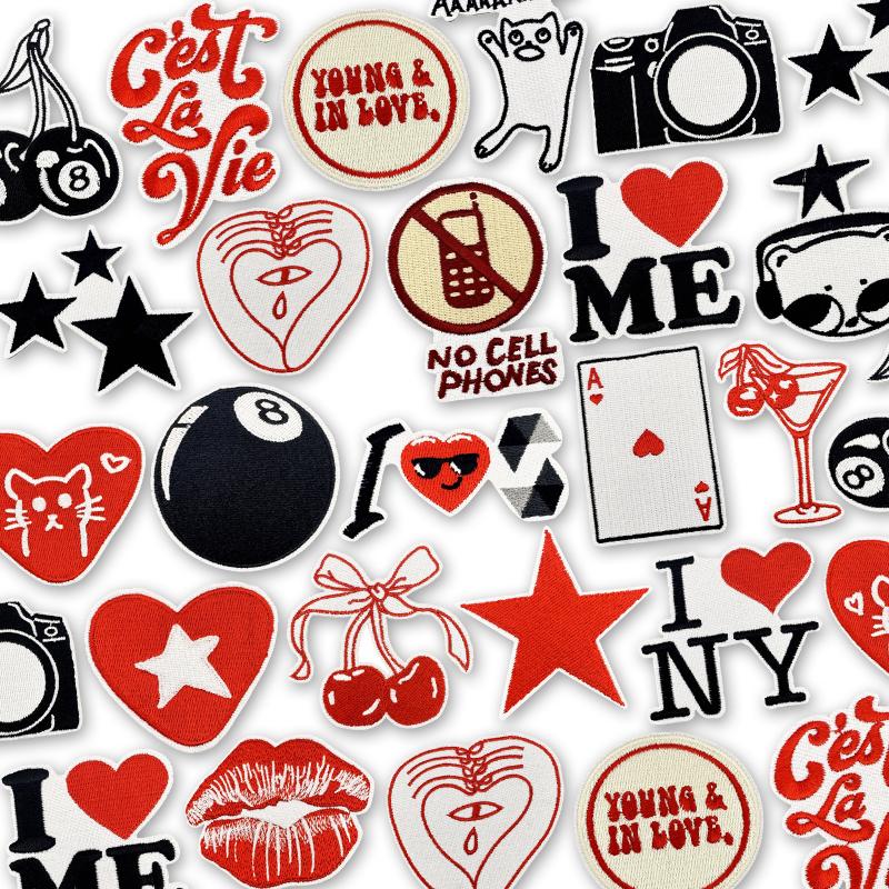 10PCS/Lot Wholesale Black Red Patches Heart Start Iron On Patches For Clithing Love Lip Embroidery Patches On Jeans Accessories
