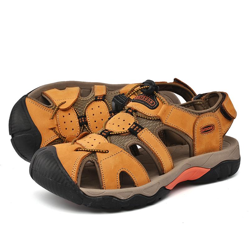 Men Outdoor Hiking Sandals Grey Leather Closed Toe Blue Beach Shoes Wide Handmade Sandals Plus Size for Father