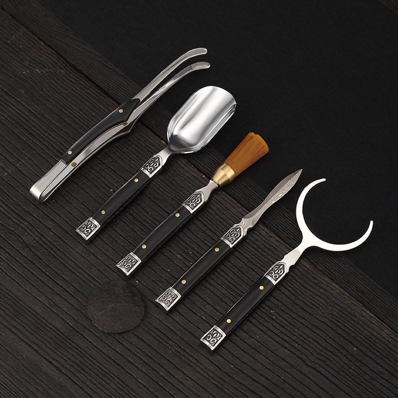 Brass Wood Tea Tool Set Gongfu Ceremony Tongs Scoop Knife Fork Brush