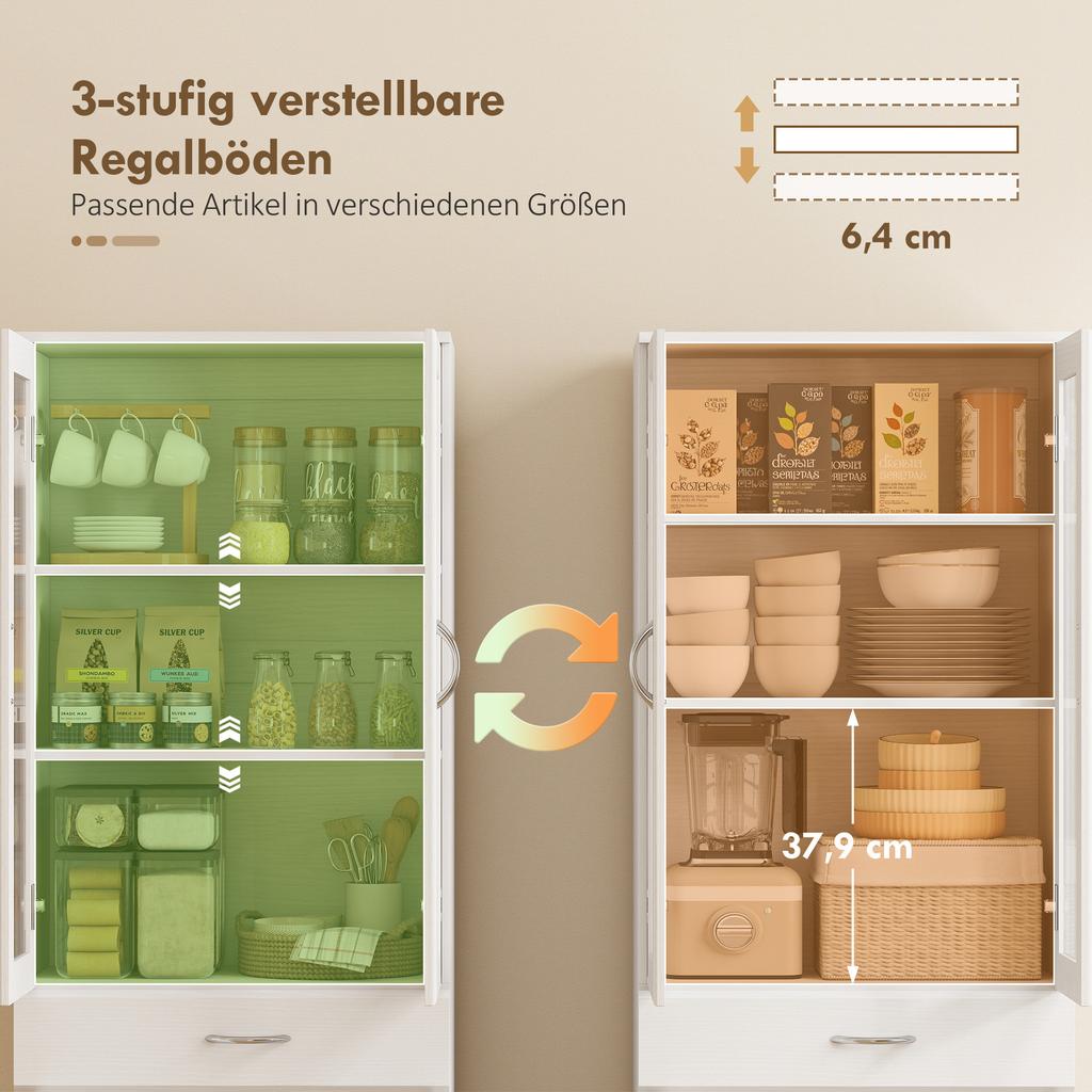 Mobile da Cucina Credenza con Ripiano Regolabile Cassetto 2 Ante Armadio Alto con Porta in Vetro 60 x 35 x 180 cm Bianco