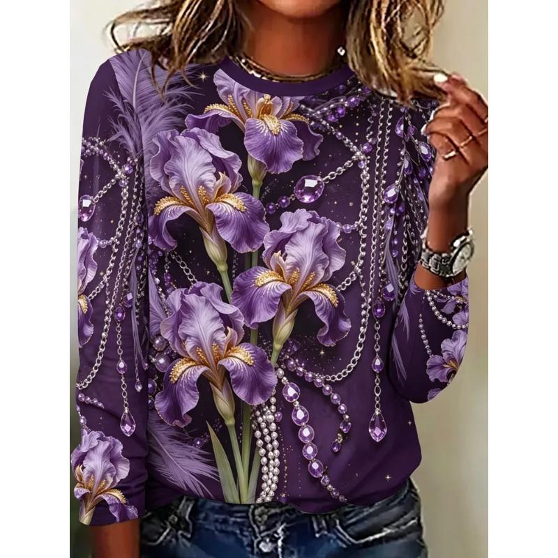 Autumn and Winter Women's Flower 3D Printed Crew Neck Long Sleeve T-Shirt